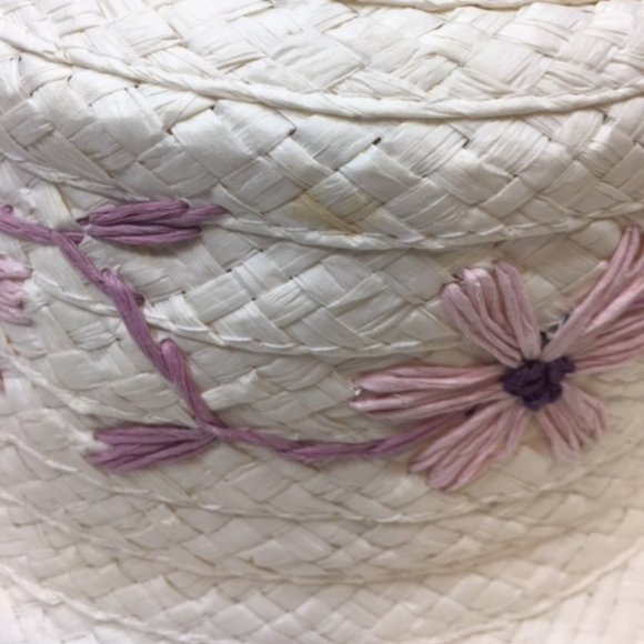 White Woven Sun Hat w/Purple Embroidered Flowers - Picture 9 of 14